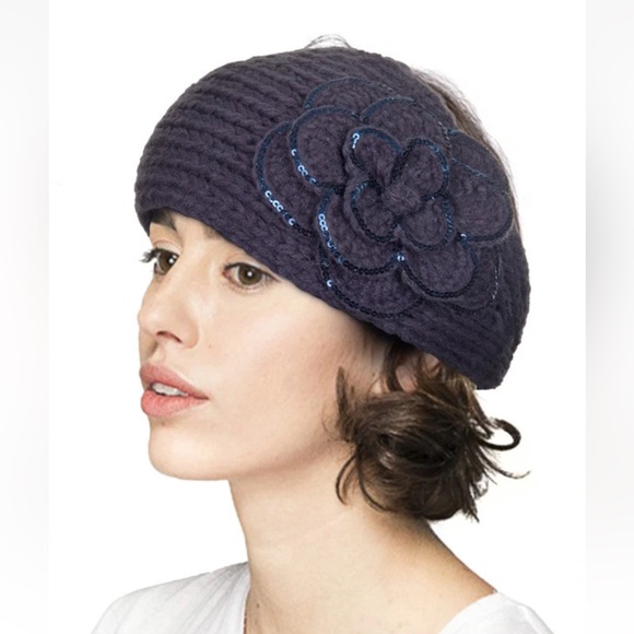 Y2K C.C Dark Gray Charcoal Knit Winter Headband With Sequin Trimmed Flower - Picture 10 of 10
